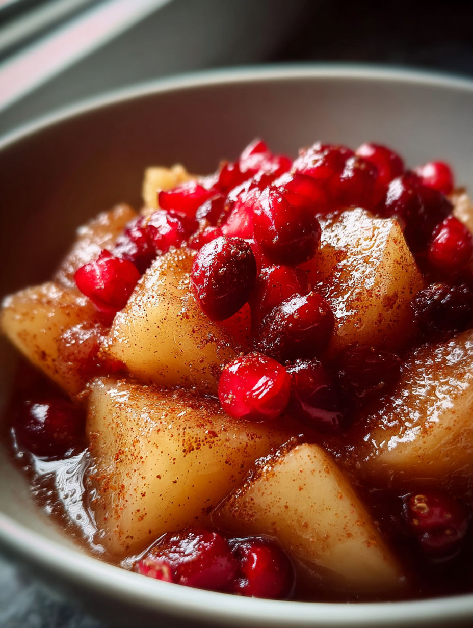 A bowl of fruit with cranberries and apples.