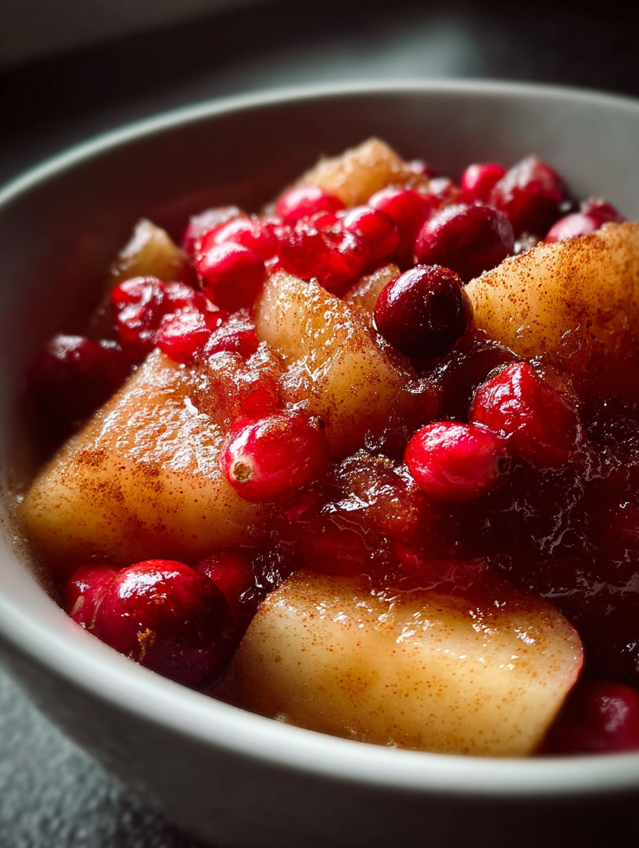 A bowl of fruit with cranberries and apples.