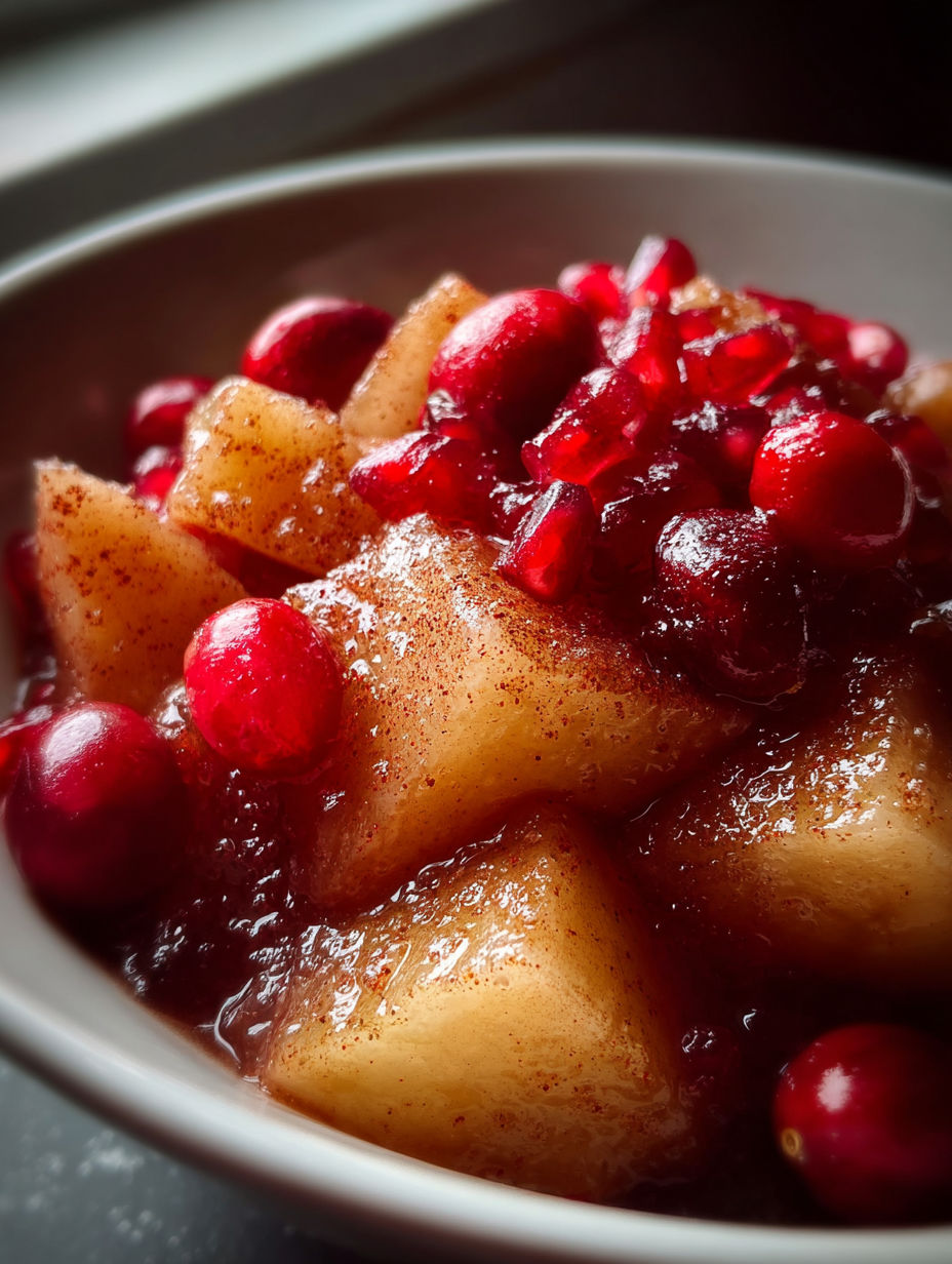 A bowl of fruit with cranberries and apples.