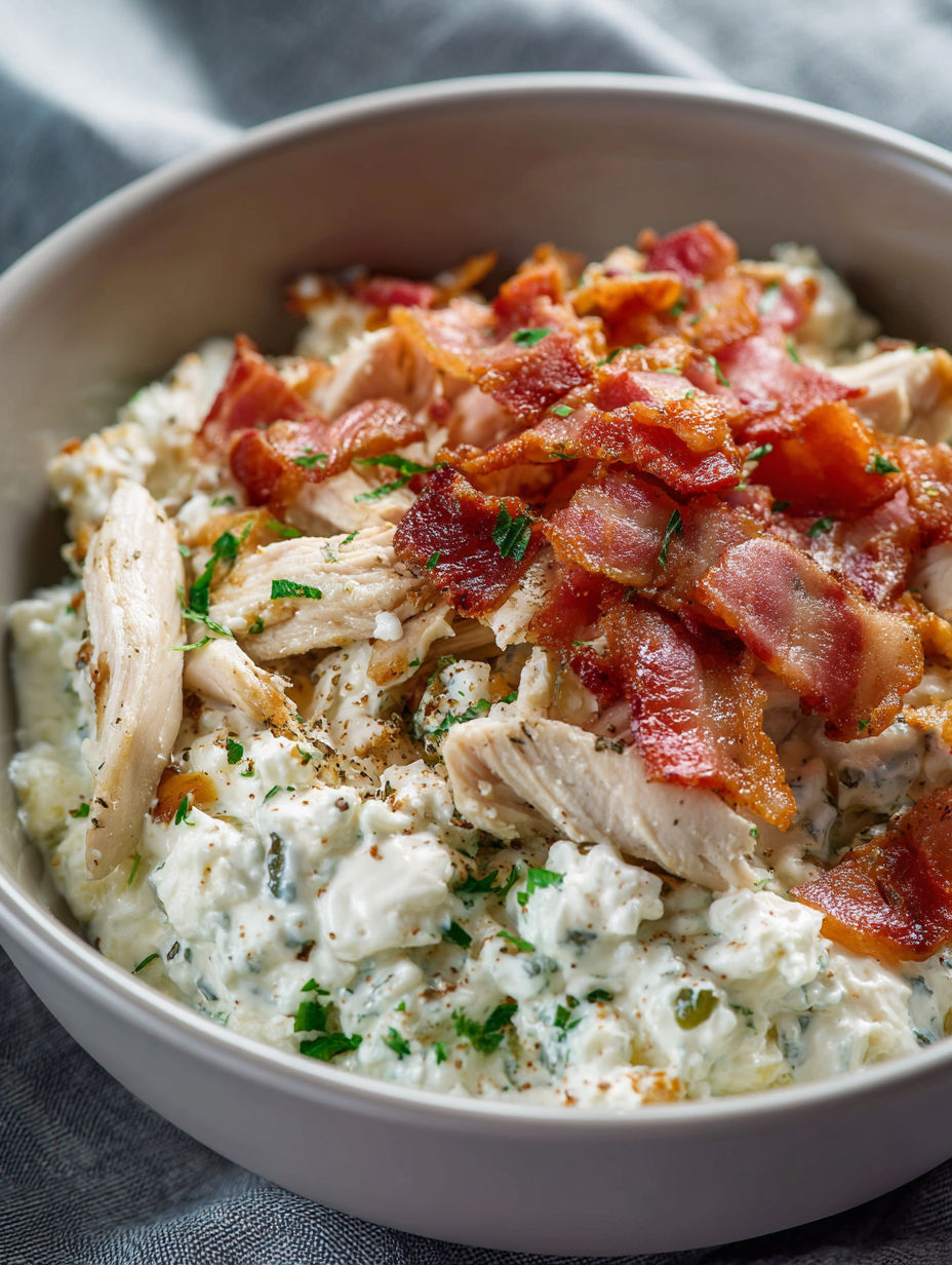 A bowl of chicken, bacon, and ranch cottage cheese.