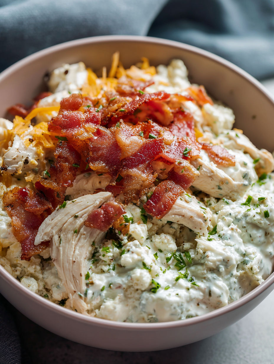 A bowl of chicken, bacon, and ranch cottage cheese.