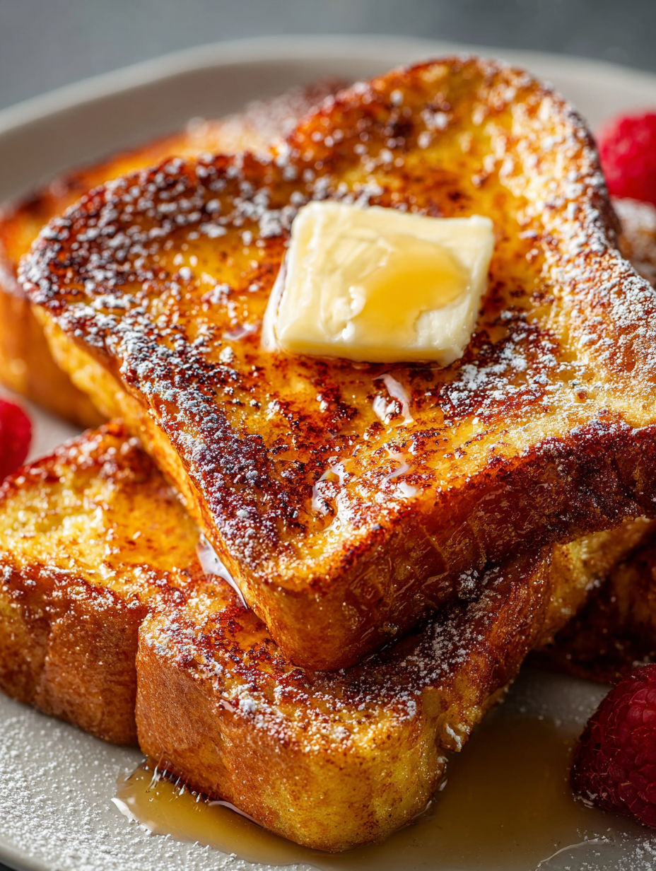 French toast with butter and raspberries.