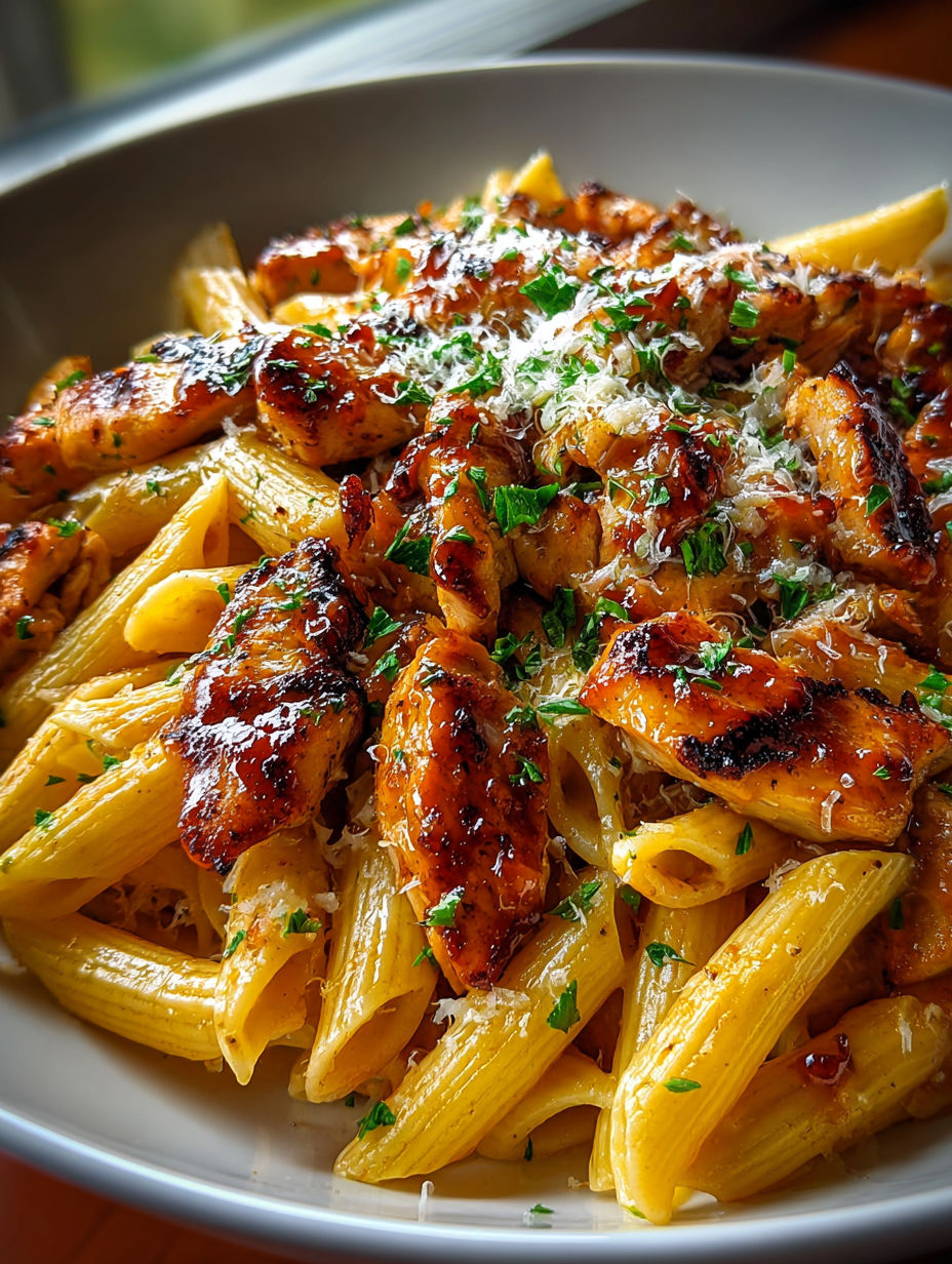 A plate of chicken and pasta.