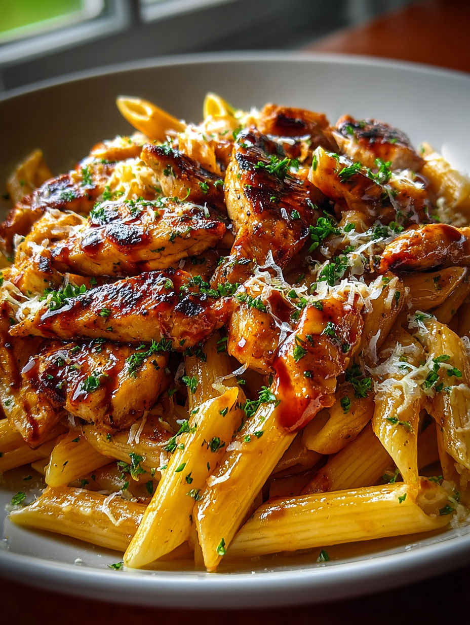 A plate of chicken and pasta.