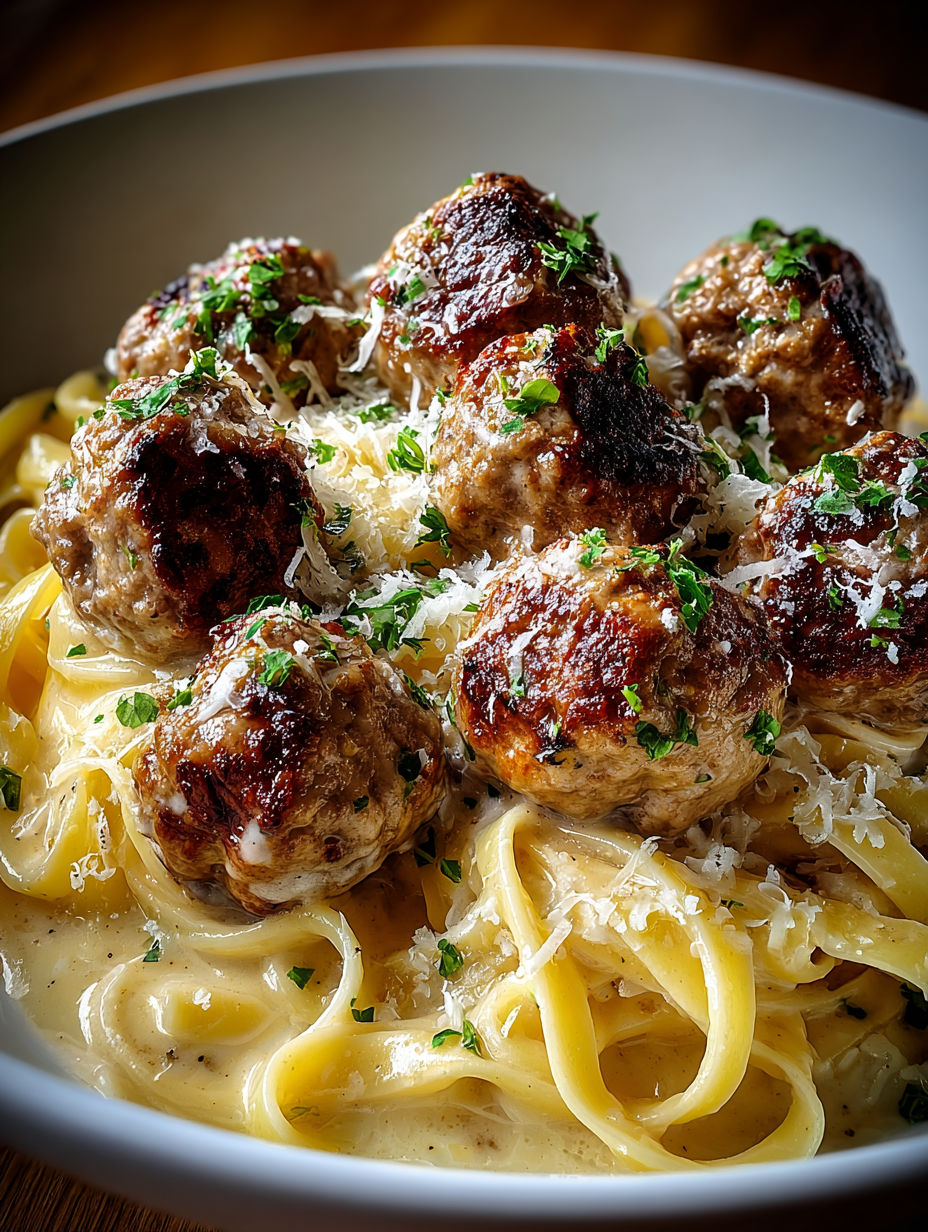 A plate of garlic butter meatballs with creamy Parmesan linguine.