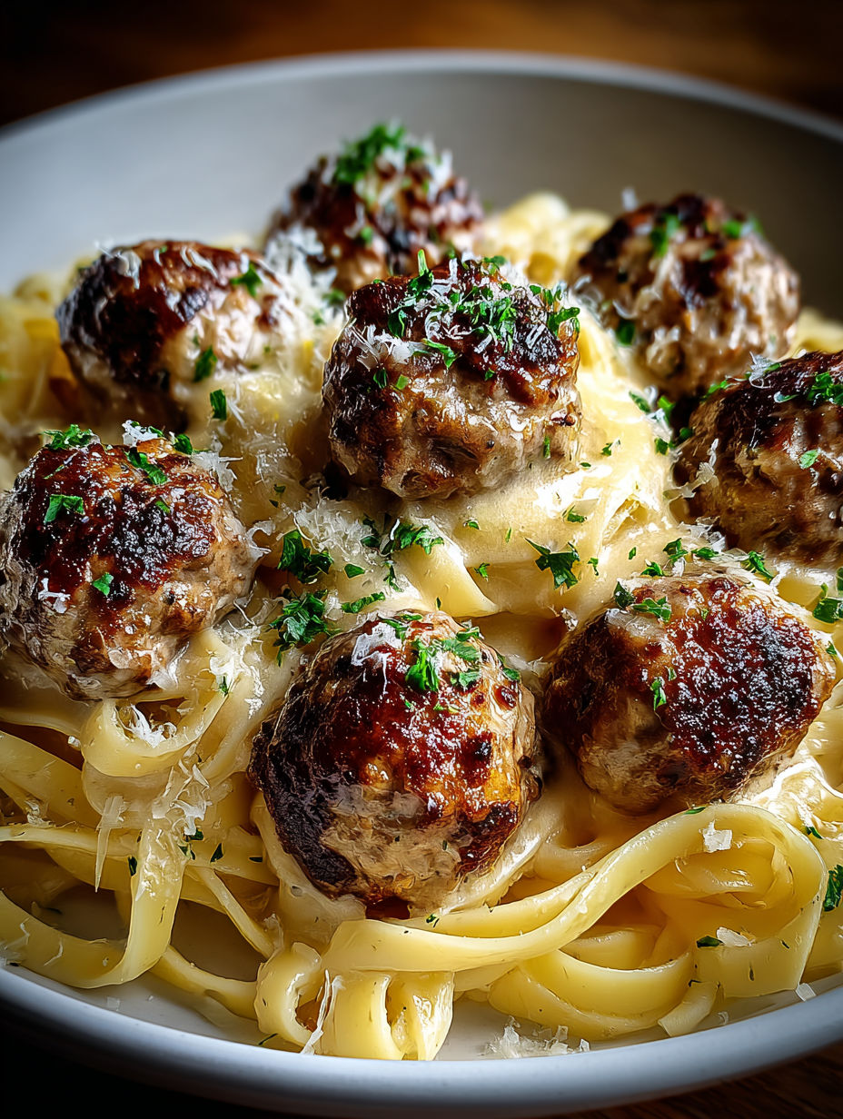 A plate of garlic butter meatballs with creamy Parmesan linguine.