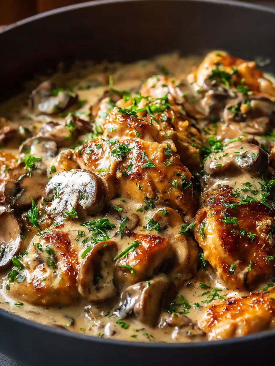 A dish of chicken and mushrooms in a brown sauce.