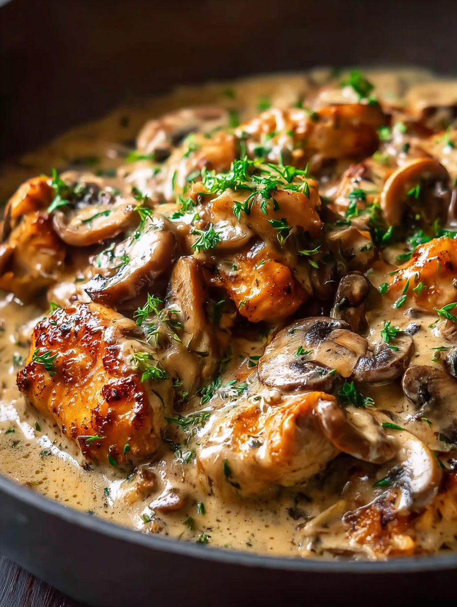 A bowl of food with mushrooms and chicken.