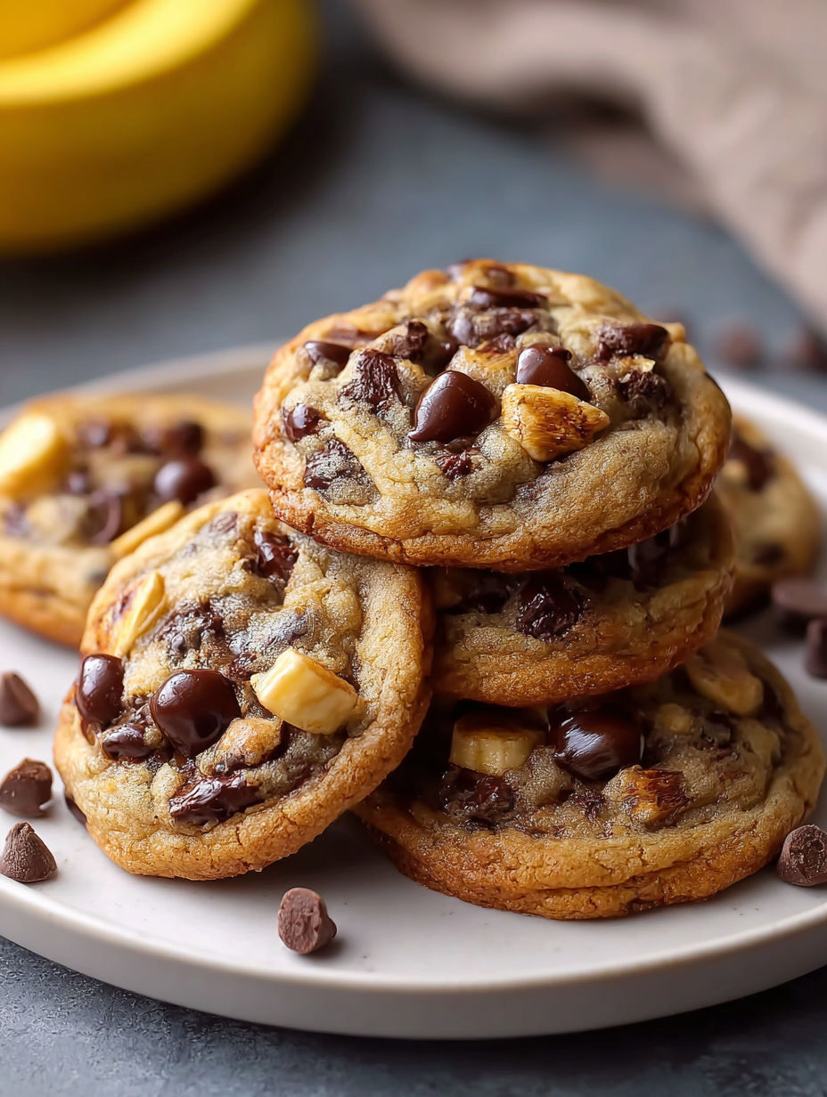 A plate of chocolate chip cookies with banana slices on top.