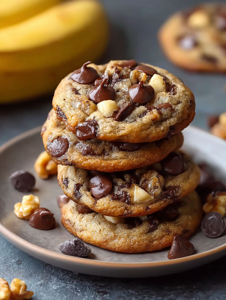 Three stacked chocolate chip cookies with banana slices on top.