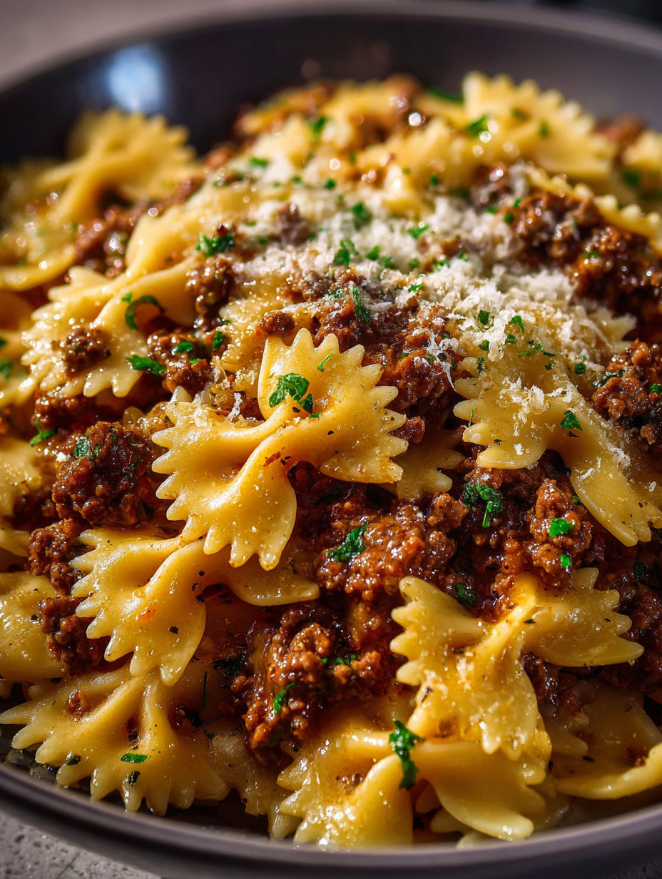 A bowl of pasta with cheese and meat.