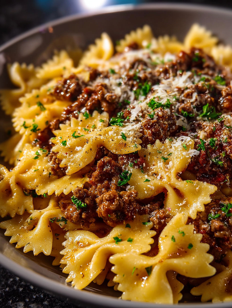 A bowl of pasta with meat and cheese.