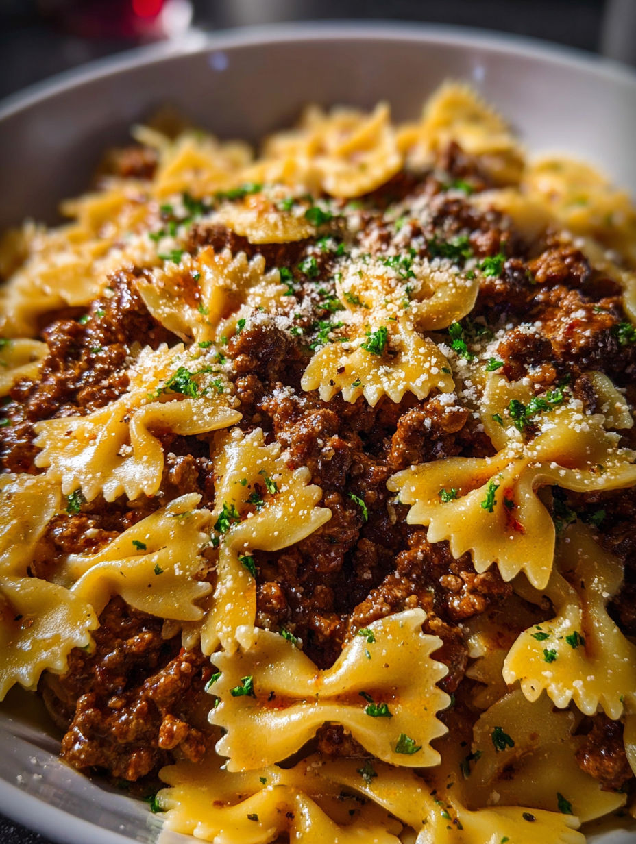 A bowl of pasta with meat and cheese.