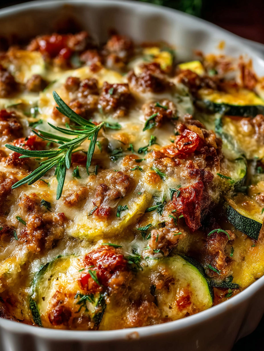 A casserole with ground turkey and zucchini.