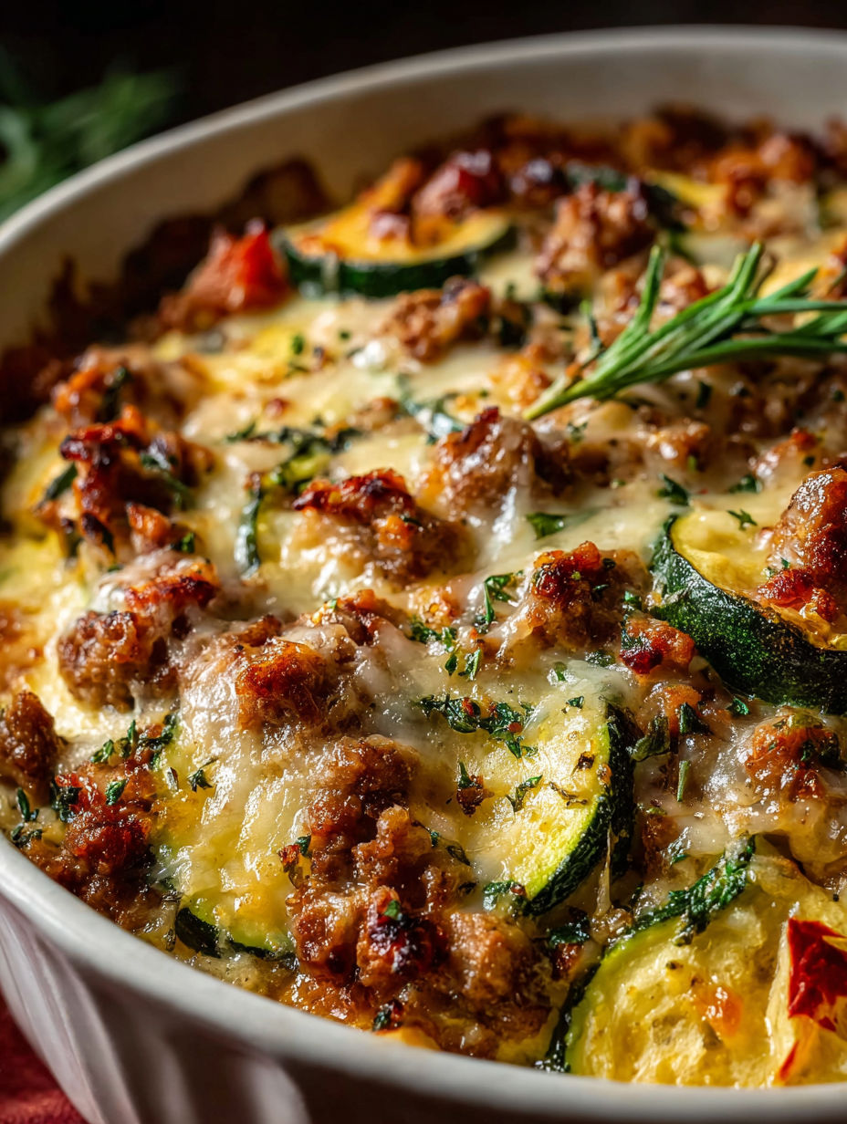 A casserole with ground turkey and zucchini.