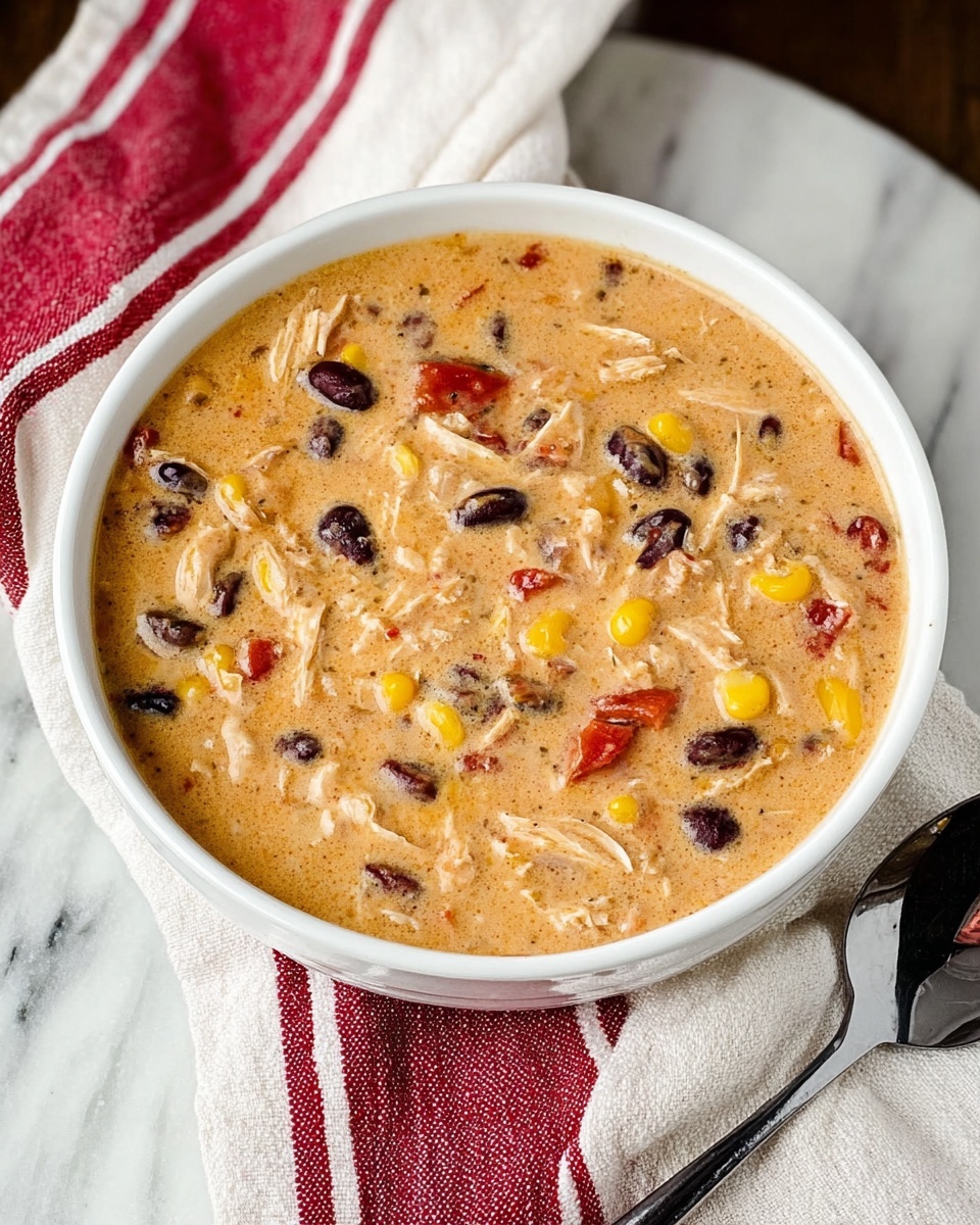 A bowl of chili with chicken and beans.