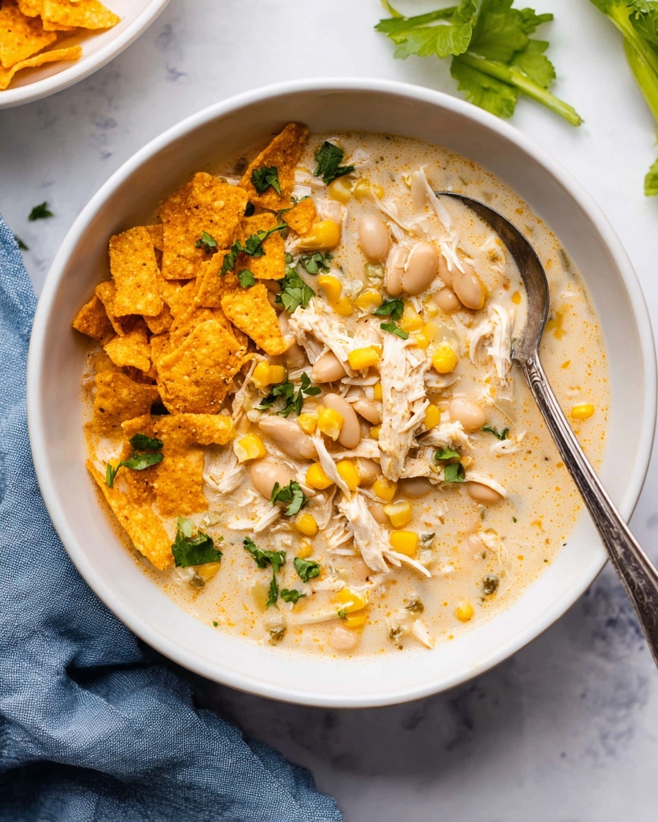 A bowl of chicken chili with chips on top.