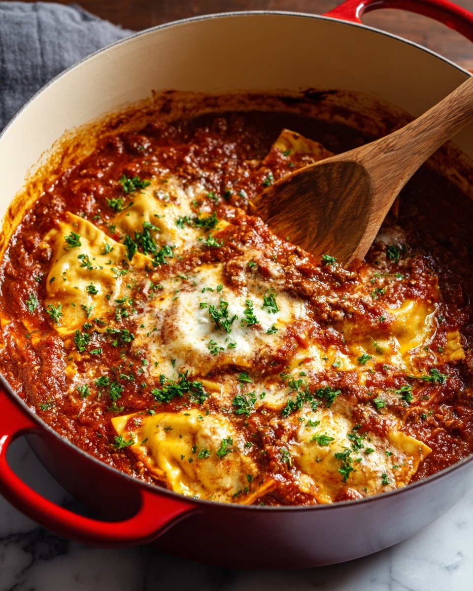 A pot of lasagna soup with a wooden spoon in it.