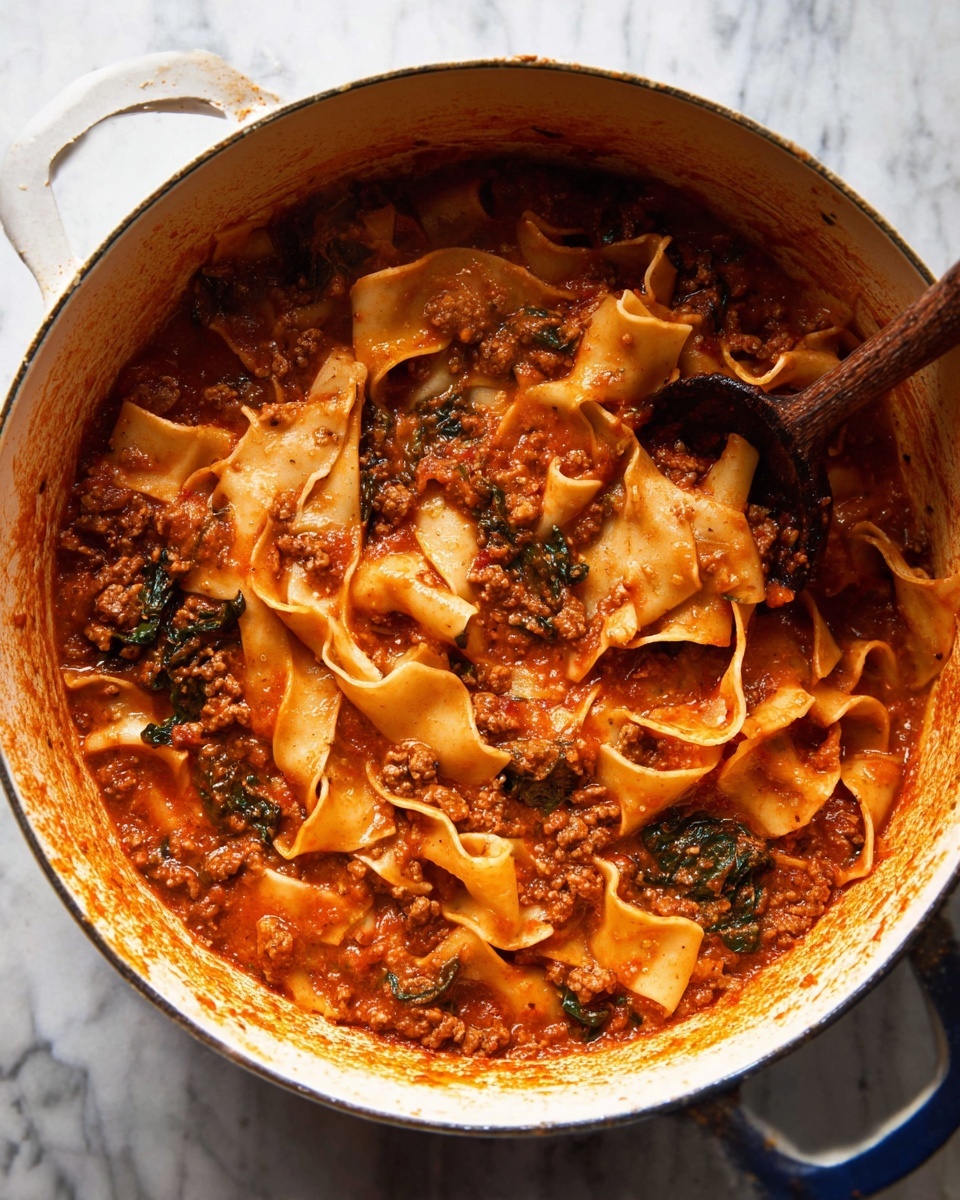 A pot of lasagna soup with noodles and meat.
