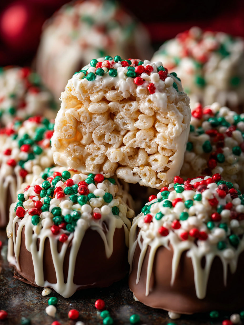 A close up of a rice crispy treat with white and red sprinkles.