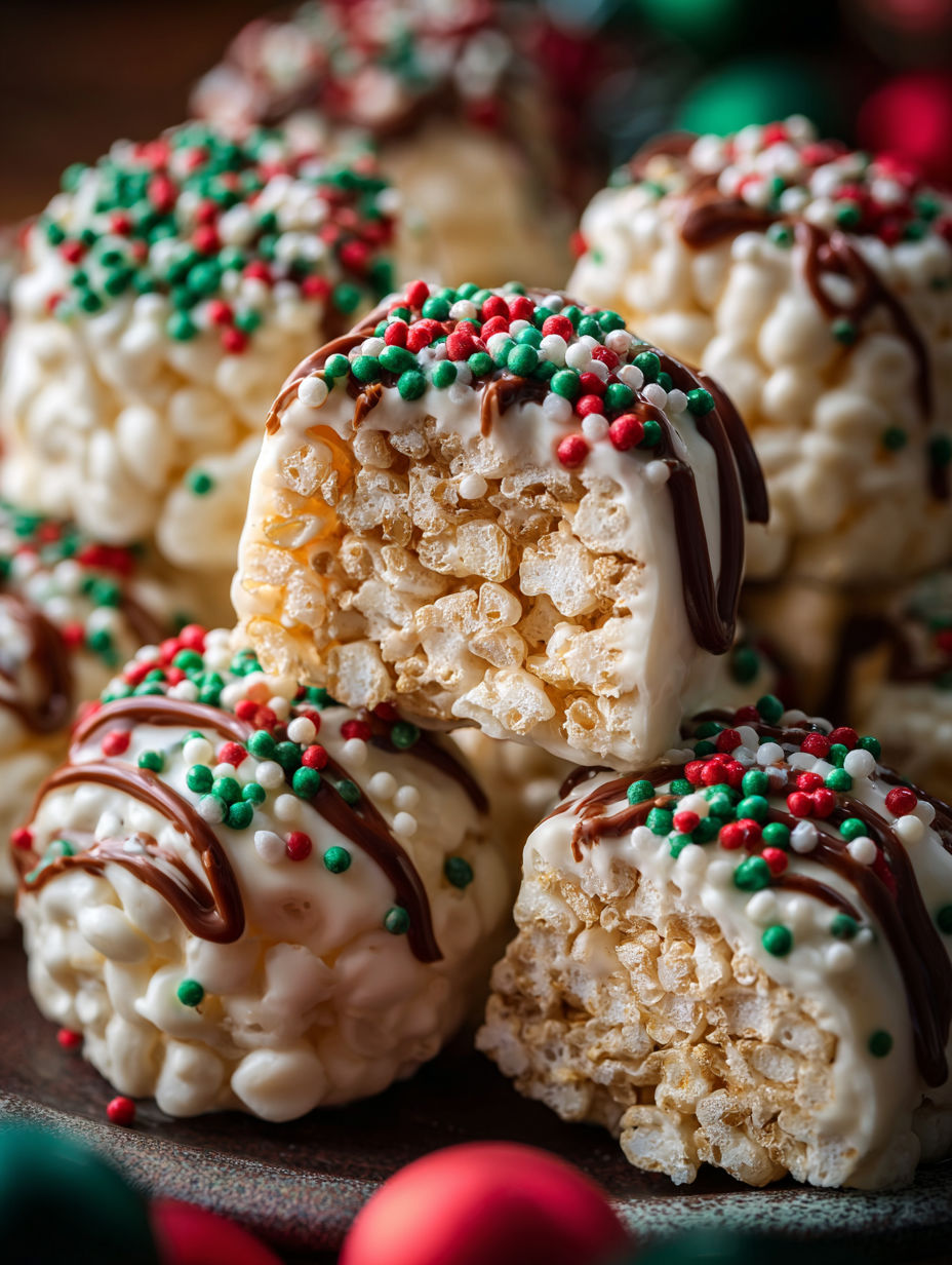 A close up of a Rice Crispy treat with chocolate drizzled on top.