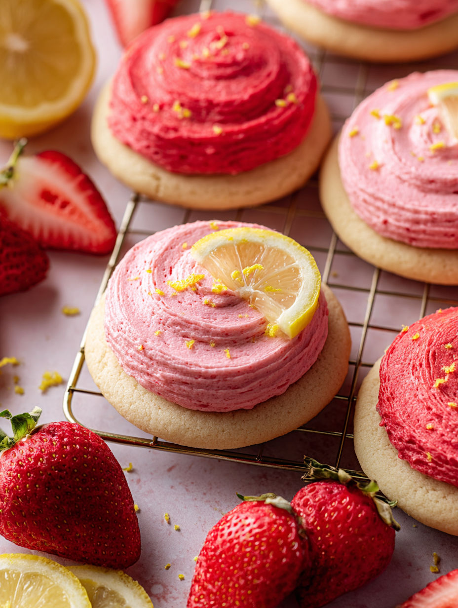 A red and white cookie with a slice of lemon on top.
