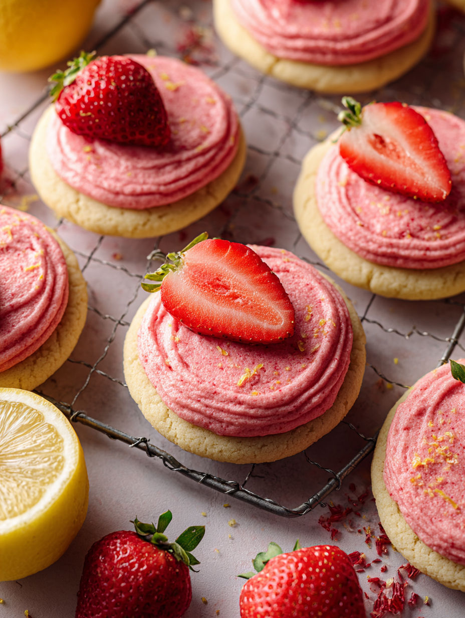 A cookie with a strawberry on top.