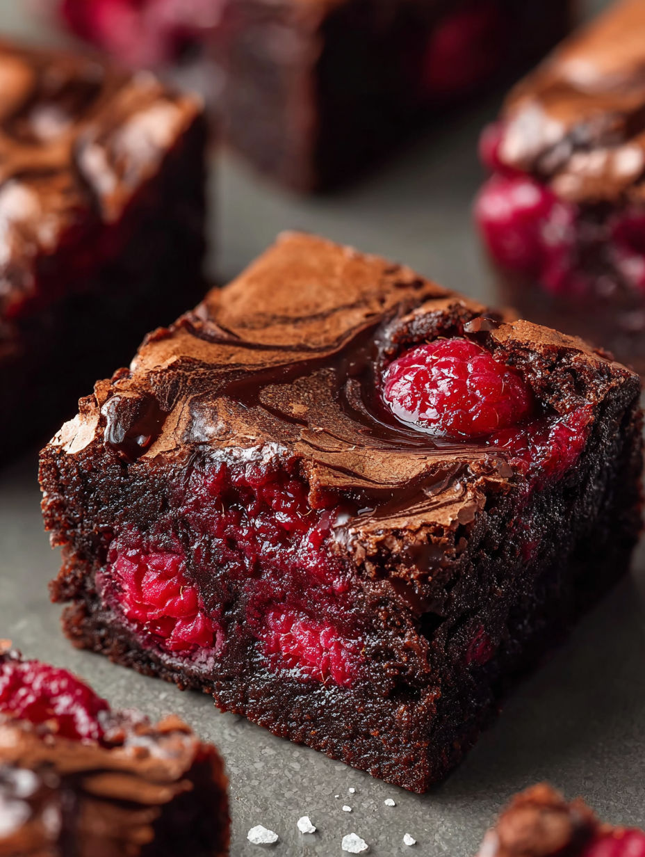 A close up of a delicious chocolate brownie with a swirl of raspberry in the middle.
