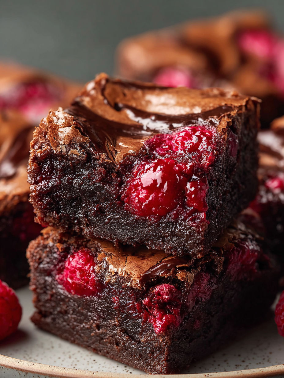 A close up of a delicious chocolate brownie with raspberries on top.