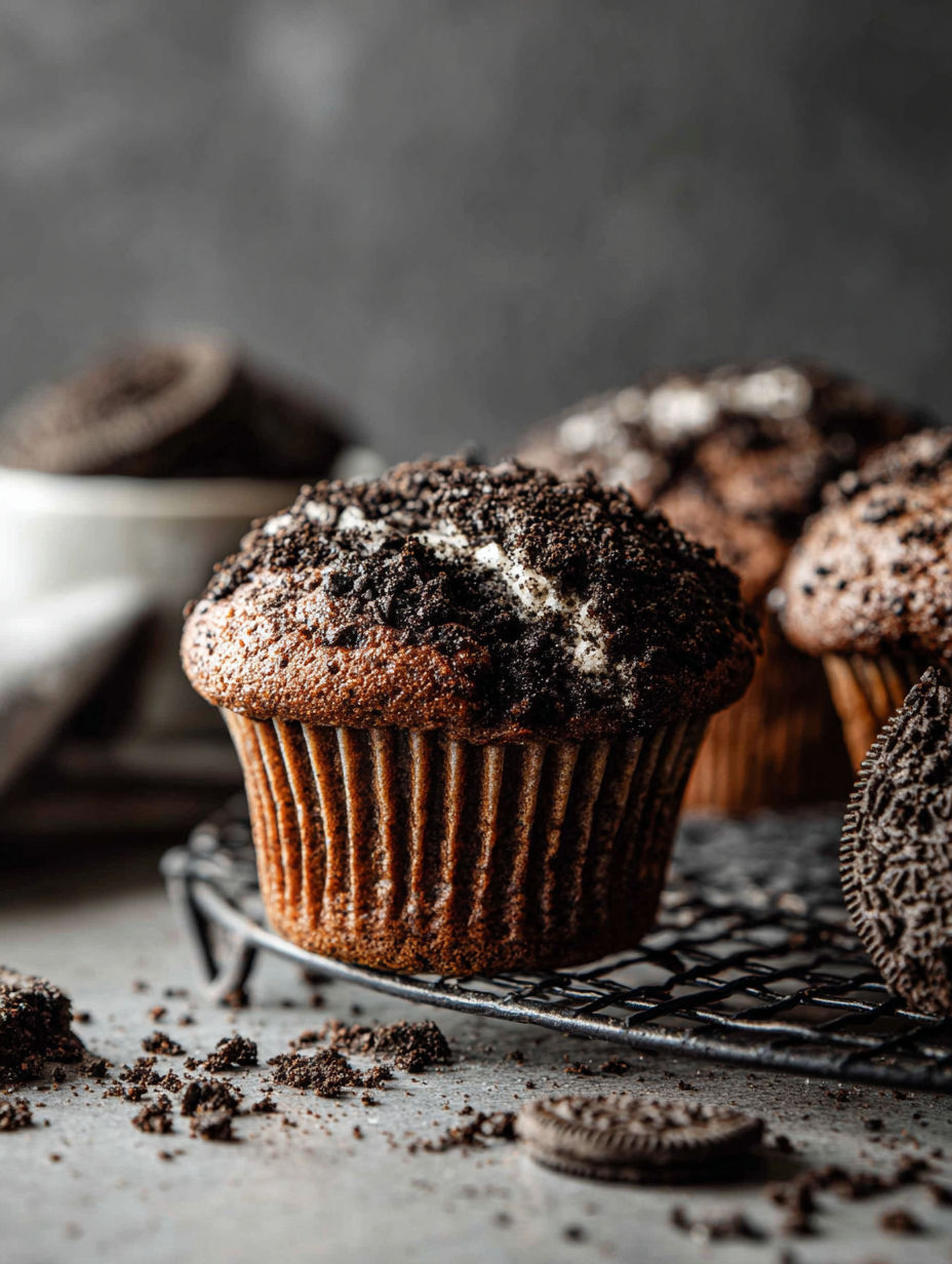 A tray of chocolate Oreo muffins.