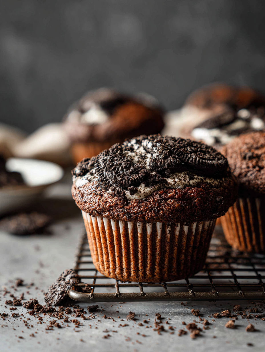 A tray of chocolate cupcakes with white frosting and black and white sprinkles.