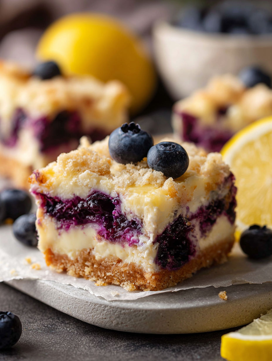 Blueberry lemon pie bars with a slice missing.
