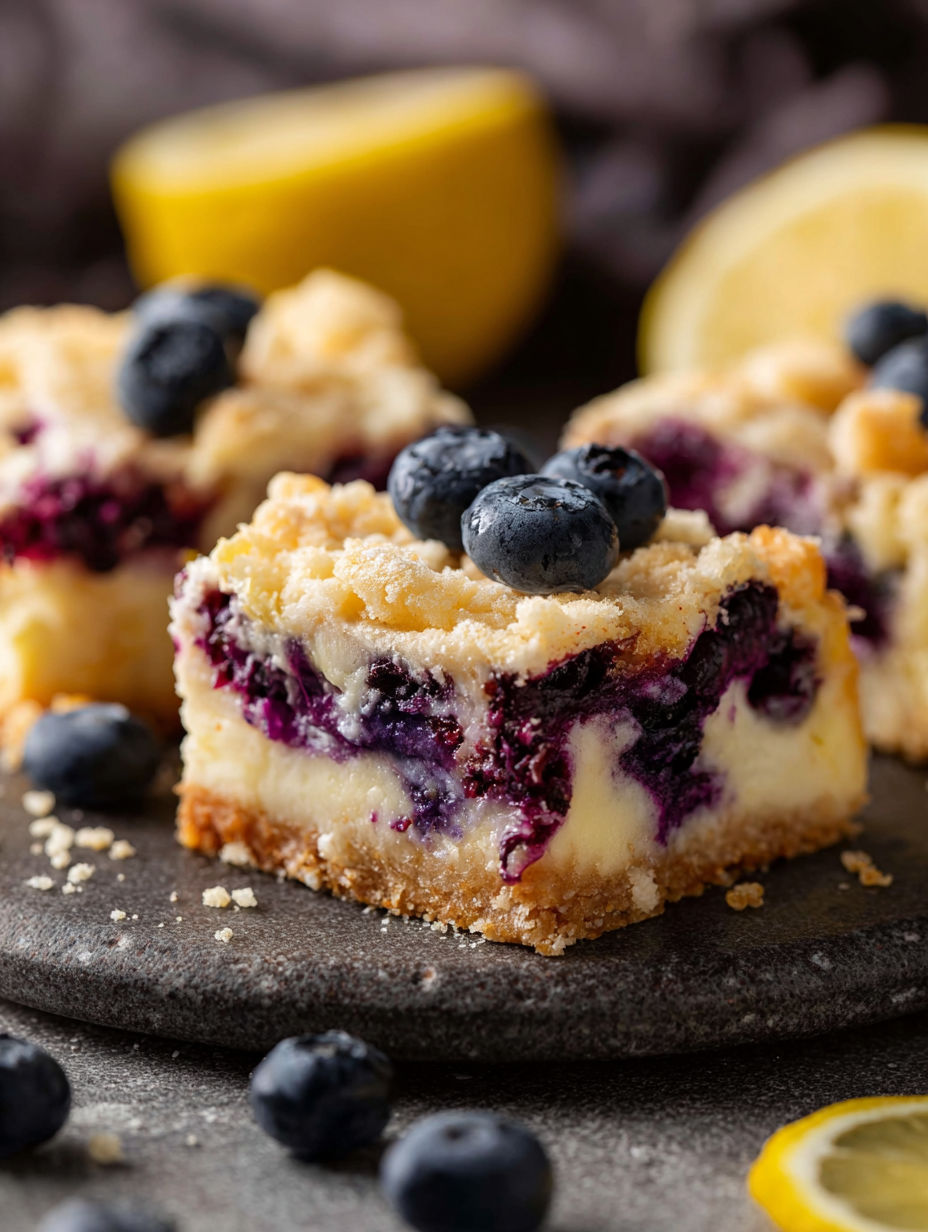Blueberry lemon pie bars on a plate.