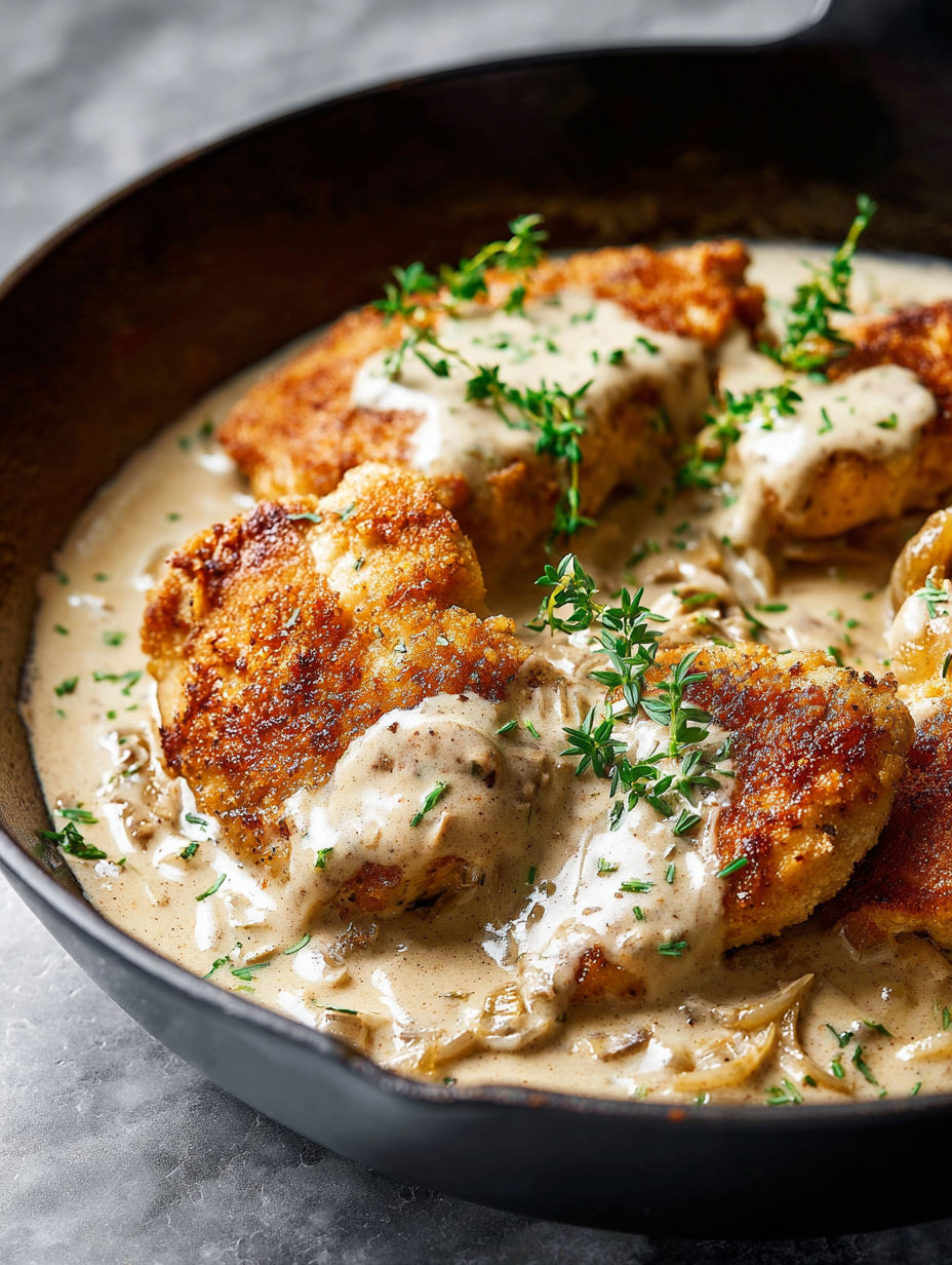 A dish of chicken covered in sour cream and onions.
