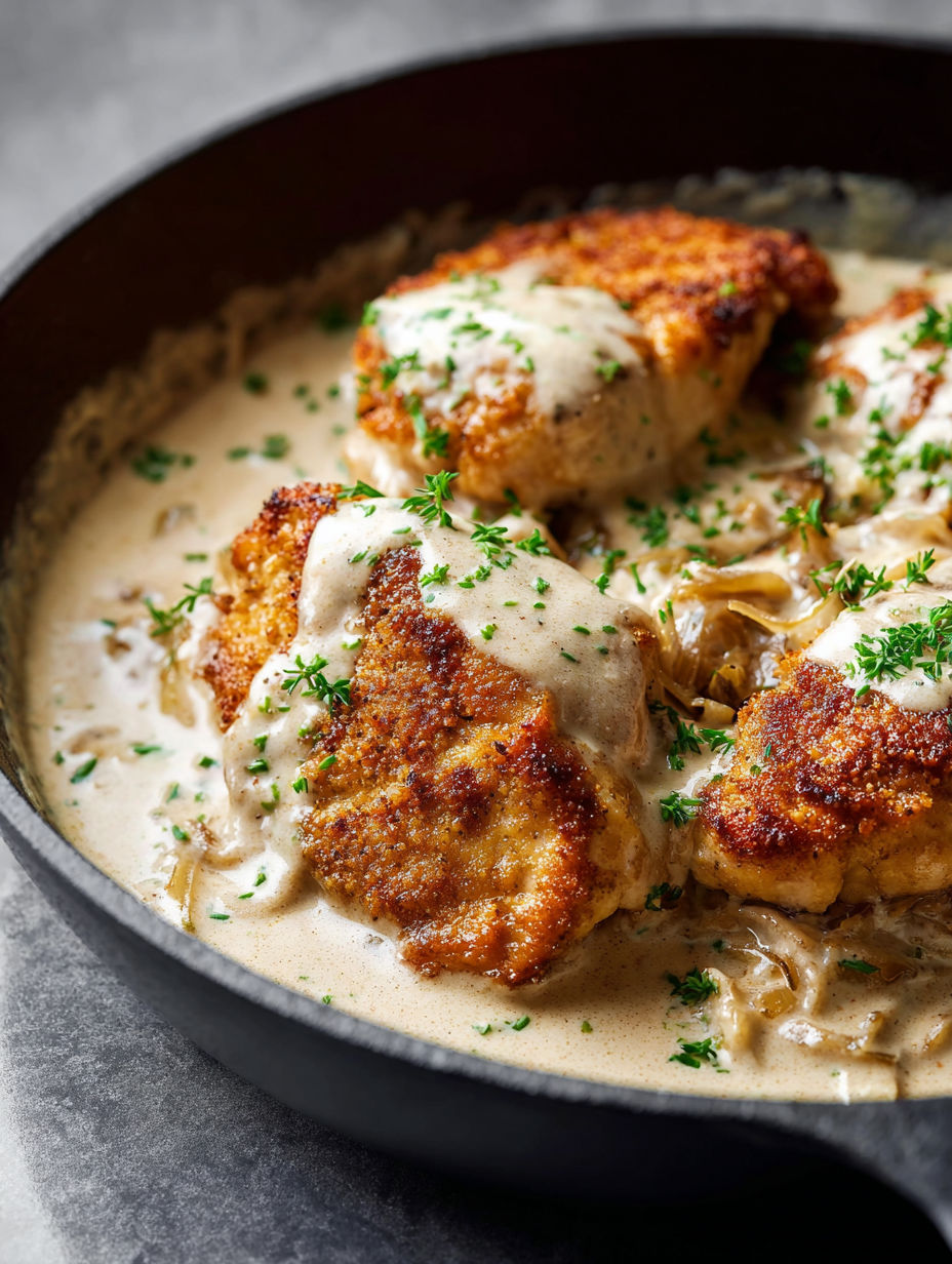 A dish of chicken with sour cream and onions.