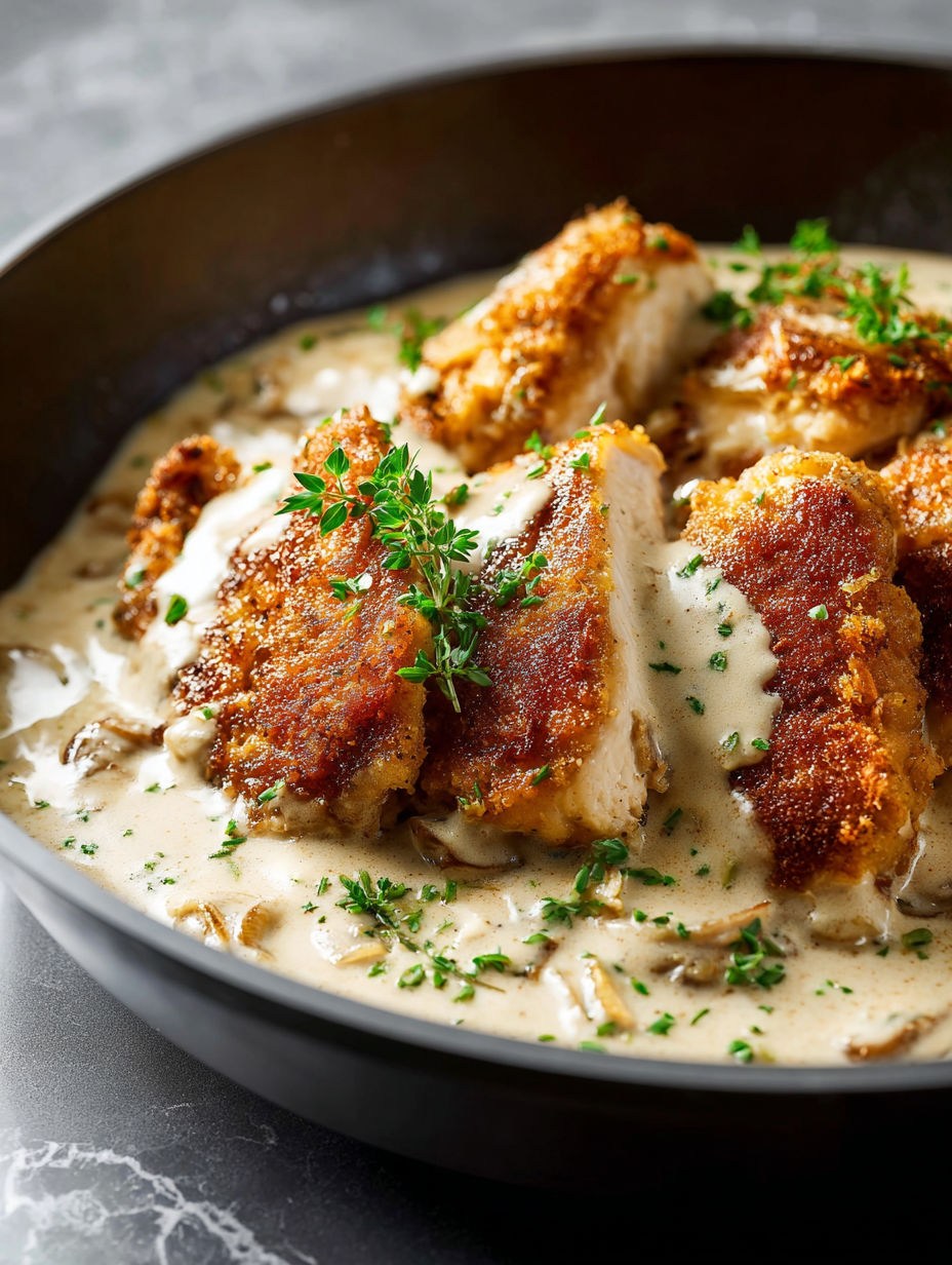 A bowl of chicken with mushrooms and herbs.