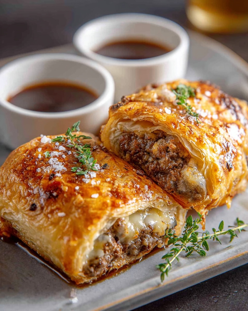 Two French onion sausage rolls with sauce.