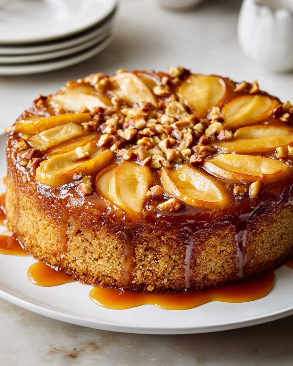 A slice of caramel apple upside-down cake.