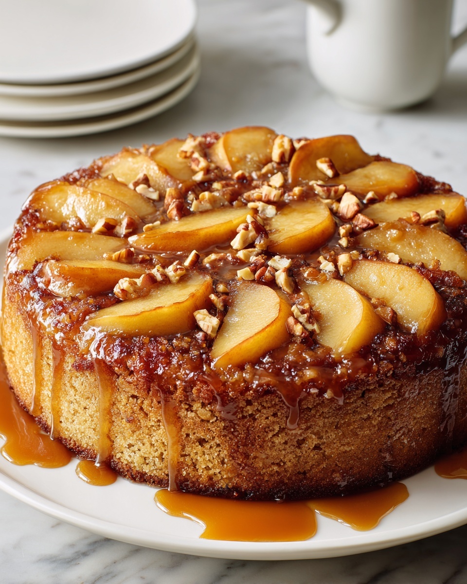 A caramel apple upside-down cake on a plate.