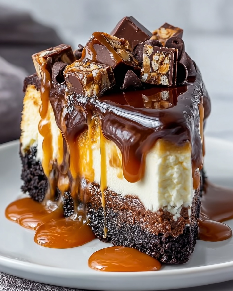 A slice of caramel brownie cheesecake.