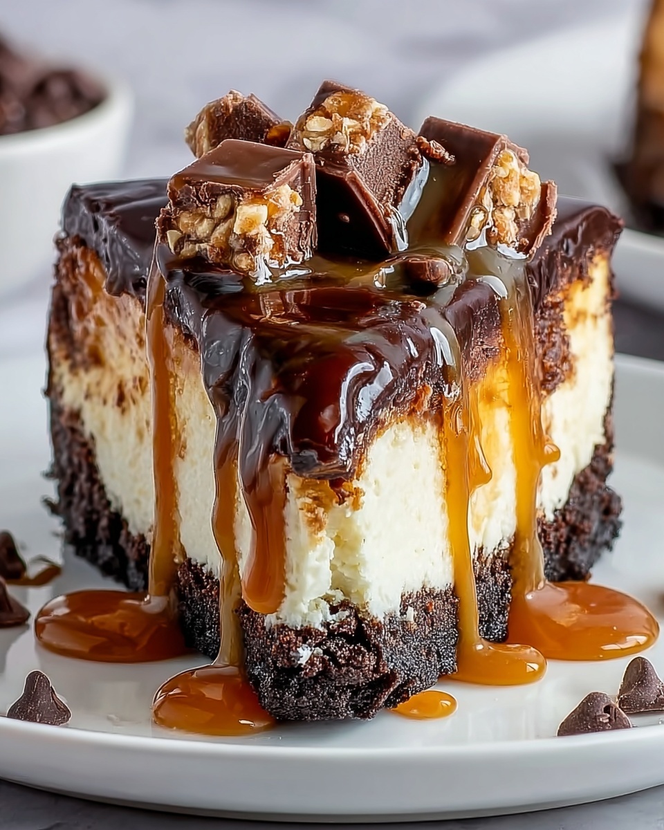 A slice of caramel brownie cheesecake.