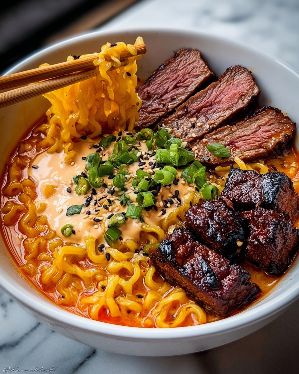 A bowl of spicy Korean ramen with grilled beef.