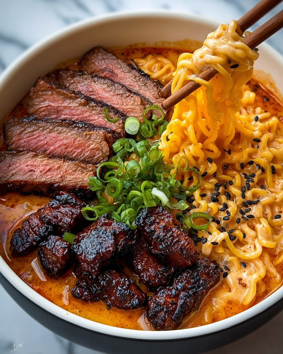 A bowl of spicy Korean ramen with grilled beef.