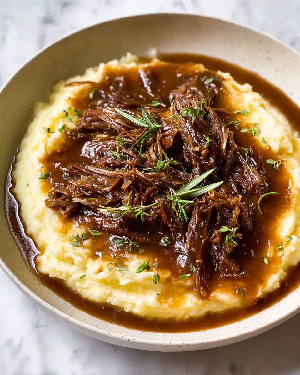 A bowl of pot roast with gravy.