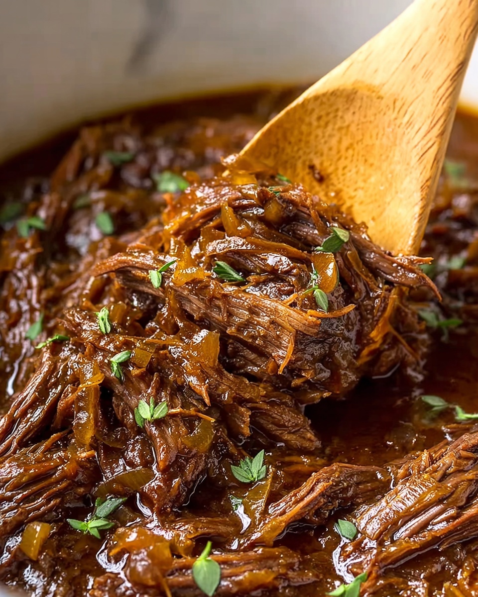 A spoon is in a pot of beef stew.