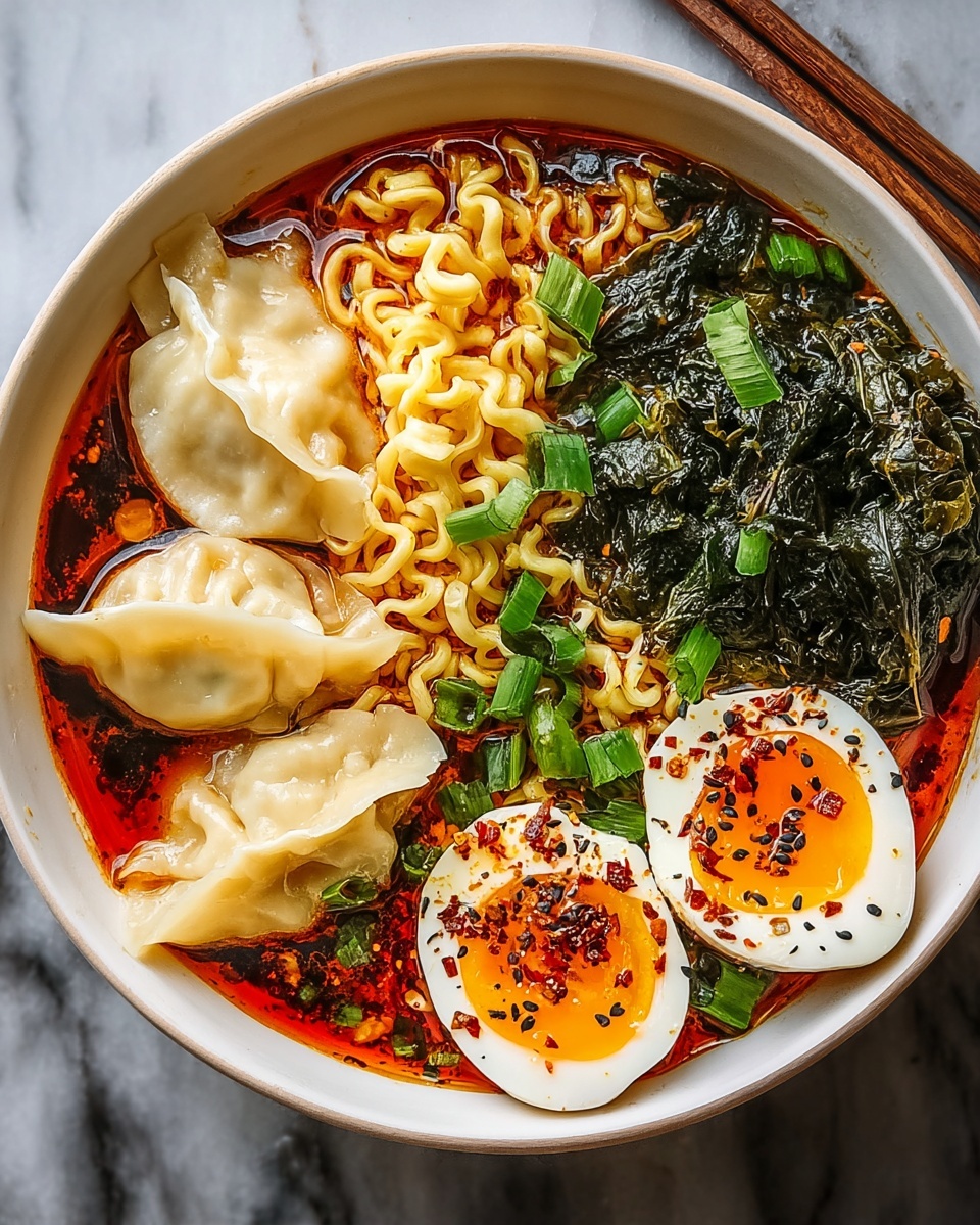 A bowl of ramen with dumplings and eggs.
