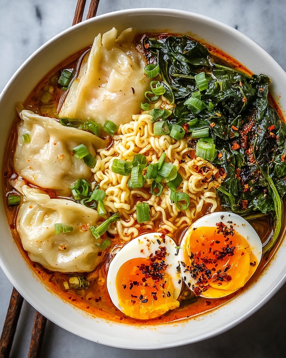 A bowl of soup with noodles, eggs, and greens.