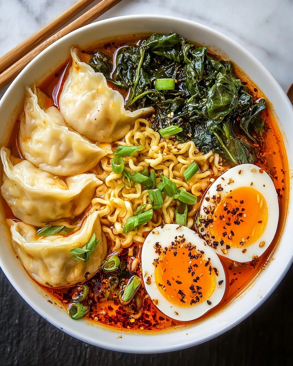 A bowl of soup with dumplings and noodles.