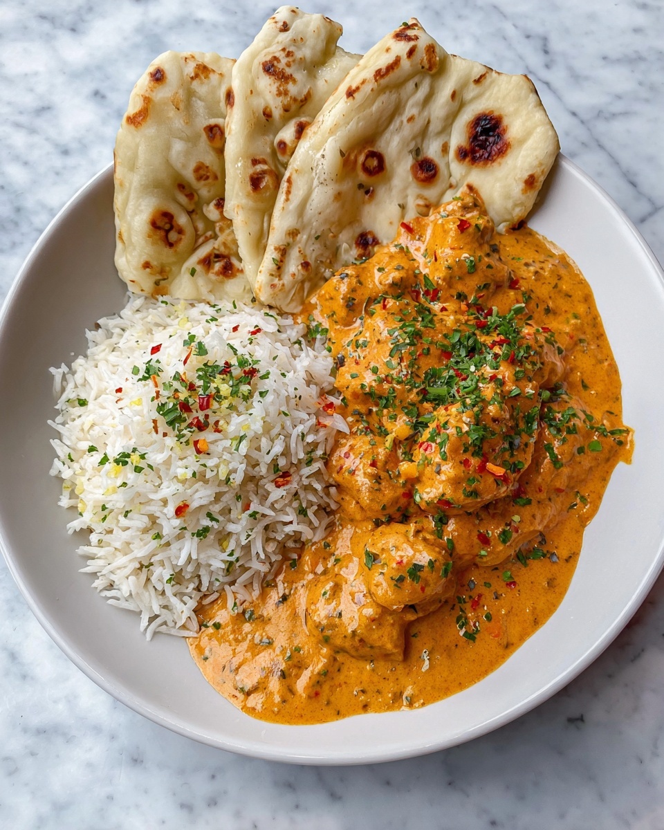 A plate of food with rice, butter chicken, and tortillas.