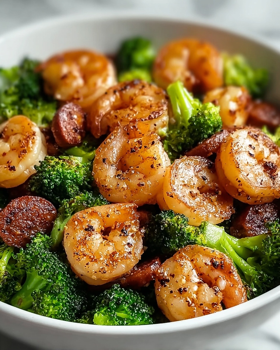 A bowl of shrimp with broccoli and garlic.